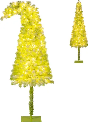 Two artificial Christmas trees, one larger and bent at the top, the other smaller and upright, both decorated with lights and artificial snow, are displayed against a white background.