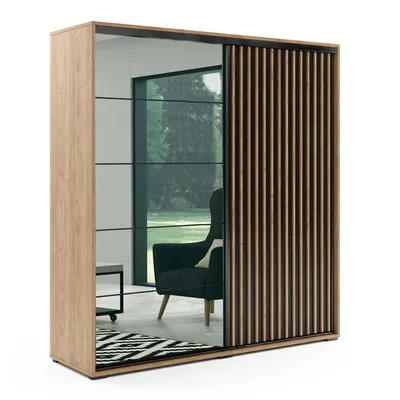 Produktbild von Liman Schiebeschrank mit Lamellen und Spiegel - Loft-Stil - 200 x 62 x 245 cm - Korpus Craft Gold, Fronten Schwarz