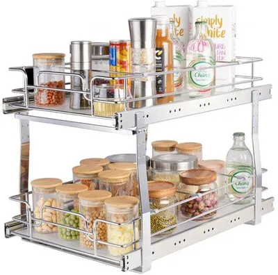 Produktbild von Ausziehbares Küchenschrankregal - Spülschrank Gewürzregal Doppelkorb - 300 x 516 x 80 mm + 376 x 533 x 80 mm - Waschbeckenregal Herausziehbarer Schrank-Organizer - Unterschrankregal Spülschrank