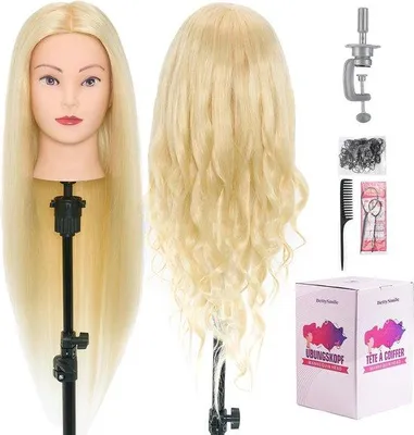 Produktbild von Famanu Übungskopf für Friseure und Kosmetiker, 71 cm, 60% Echthaar, inklusive DIY-Haarset