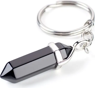 Productafbeelding van LAVISA Sleutelhanger met edelsteen - Brenger van geluk - Kristal - Helende steen - Natuursteen hanger - handgemaakt (Obsidiaan)