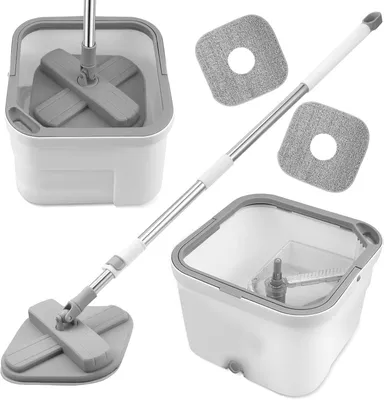 Produktbild von Wischmopp und Putzeimer Set, Wischmopp Set mit Eimer, 2-Kammer-System mit 2 Mikrofaserbezug zur Trennung, Putzeimer Bodenwischer mit Auswringfunktion