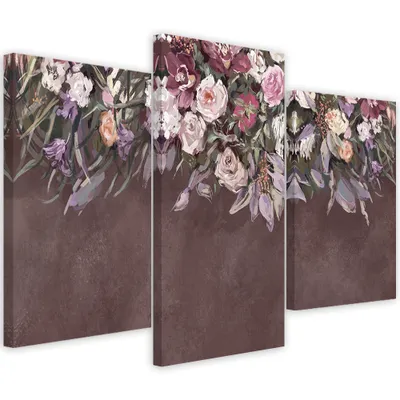 Produktbild von Triptychon auf leinwand überwucherte blumen 60x40 cm Feeby braun wandbild bereit zum aufhängen