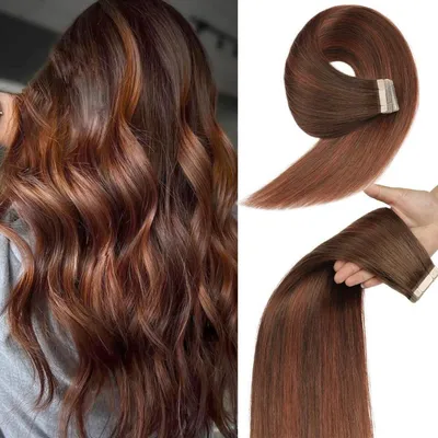 Produktbild von Tape Extensions Echthaar 20 Stück 45cm Schokoladenbraun Dunkelrotbraun Remy Seidig Gerade
