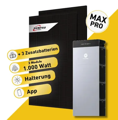 Produktbild von Balkonstrom Balkonkraftwerk 1000W mit Speicher | 3xZusatzspeicher | Garten/Flachdachhalterung | 2xSolarmodul  |  Hoymiles HiBattery 4020X | Kabel 10m