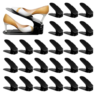 Produktbild von Verstellbare Schuhregale, 24 Stück Rutschfeste Schuhstapler mit Doppelschicht und Platzsparendem Design, Kunststoff Schuhorganizer mit 4 Höhenverstellbaren Schlitzen (Schwarz)