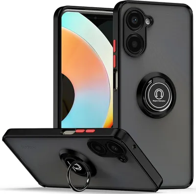 Produktbild von Realme 10 Pro 5G Hülle, Ring Halter Ständer Matte Transluzent TPU Rahmen Stoßfest Schutzhülle für Realme 10 Pro 5G Schwarz Rot
