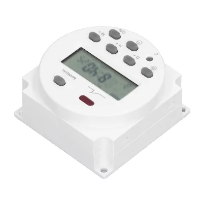A white electronic timer with a digital display and buttons, shown from a slightly elevated angle on a white background.