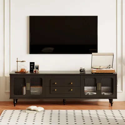 Immagine prodotto di Mobile TV Fortuna Lai 175x38x55,5 cm con cassetti e ante, lavagna con ante in vetro, tavolo TV vintage lavagna TV in piedi, nero