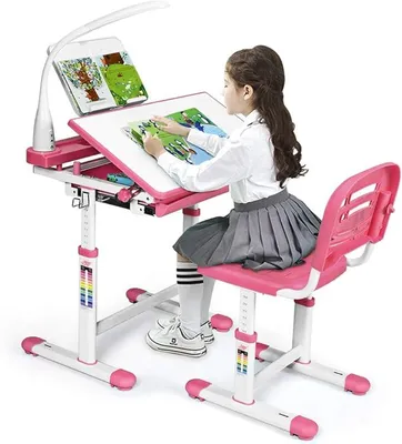 Image de Ensemble de bureau pour enfant avec étagère à livres et éclairage LED, bureau d'étude réglable en hauteur avec plateau inclinable et tiroir, ensemble bureau, table et chaise pour jeunes (rose)
