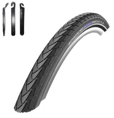 Image de 1 pneu Schwalbe Marathon Plus anti-crevaison avec bandes réfléchissantes, couleur noire, dimensions 40-622 (28 x 1,50), comprenant des démonte-pneus