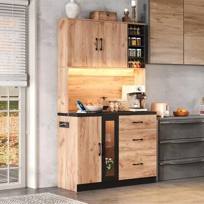 Immagine prodotto di Flieks: mobile alto da cucina moderno con illuminazione a LED, credenza con ripiani regolabili e presa di corrente, mobile alto 105x40x180 cm, colore naturale