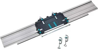 A long, silver guide rail with a black and teal cutting guide attached. Two silver clamps are shown in the foreground.