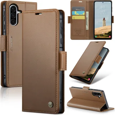 A collage of images showing a brown leather phone case for a Samsung Galaxy A56, with various angles and views of its features, including card slots and a stand function.