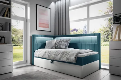 Produktbild von Einzelbett 100x200 KISHA 3 – blau/weiß, Öffnung rechts + GRATIS Matratzenauflage