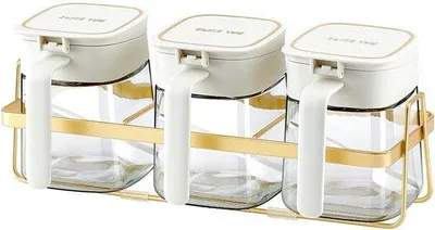 Produktbild von Set mit 3 Spektraltöpfen 350ml, Glas-Küchenbehälter für Zucker, Salz und Kräuter Set mit Löffel und Ständer