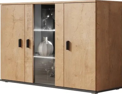 Produktbild von Furniture24 Kommode mit Weißer LED Beleuchtung SOHO S7 Sideboard Schrank Wohnzimmerschrank mit 3 Türen Lefkas Eiche/Schwarz