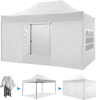 Produktbild von Faltpavillon Pavillons & Partyzelte 3x4,5m, Festzelt Gartenpavillon für Garten Terrasse Feier Party, Wasserdicht & UV-Schutz mit 4 Seitenteilen , 12 Heringe & 4 Seile & 1 Tragetasche, Weiß
