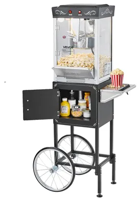 Produktbild von VEVOR Popcornmaschine mit Wagen, 850W Popcornmaschine, 8 Oz Kessel macht 48 Tassen pro Charge, Popcornmaschine ausgestattet mit gehärtetem Glas, inklusive 4 Schaufeln, im Kino-Stil, Rot, Y-a, Schwarz