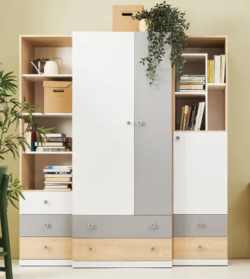 Produktbild von Jugendzimmer Kleiderschrank Set, Eiche mit weiß und grau PINETO-133, 3-teilig