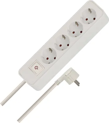 A white power strip with four outlets and a power switch, along with its angled plug and cable, is shown against a white background.
