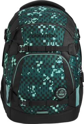 A backpack with a pixelated green and black pattern.