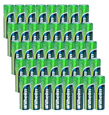 A large group of AA batteries arranged in rows.