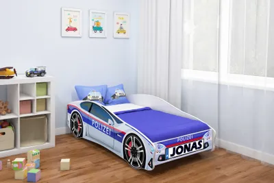 Produktbild von ACMA Jugendbett Kinderbett Auto-Bett Junior Cars Bett Komplett-Set mit Matratze, Lattenrost und Rausfallschutz 160x80 cm - Polizei -3 + NAME