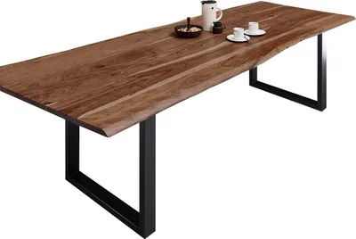 Produktbild von Esszimmertisch 280x100 cm Milo, echte Baumkante, nussbaumfarben, massiver Esstisch aus Akazienholz, Metallbeine Schwarz, Baumkantentisch