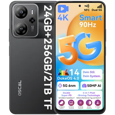 Produktbild von OSCAL TIGER 13 5G AI Smartphone Ohne Vertrag, 6.67" Dual SIM Android 14 Handy, 24(8+16)GB RAM+256GB ROM/2TB, 50MP AI Kamera, 5000 mAh/NFC/Fingerprint