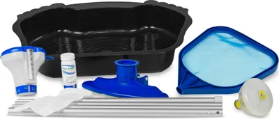 A collection of pool cleaning and maintenance accessories.