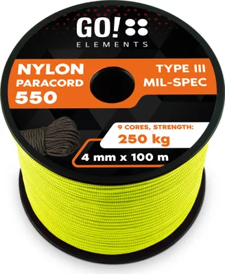 Produktbild von GO!elements 100m Paracord Seil aus reißfester Nylonschnur - 4mm Paracord 550 Typ III Schnur - geeignet als Allzweckseil & Reepschnur - Max. 250kg, Farbe: Neon