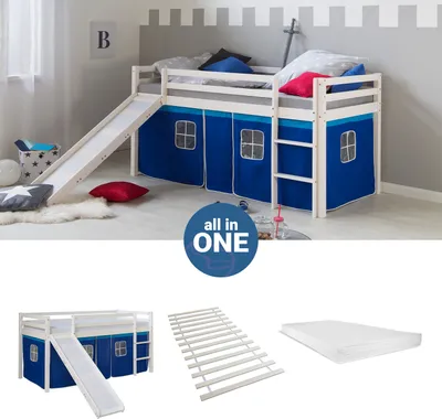 Produktbild von Homestyle4u Hochbett 90x200 mit Matratze Rutsche Vorhang blau Kinderbett Weiß Holz Kiefer Massiv Lattenrost