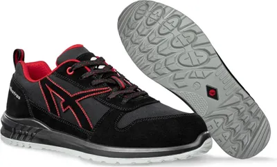 A pair of black and red work shoes, with one shoe shown from the side and the other shown from the sole.