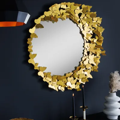 Produktbild von Dekorativer Wandspiegel BUTTERFLY 80cm gold Metall rund handmade Schmetterling Rahmen