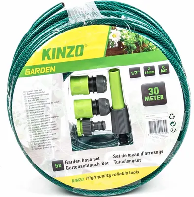 Produktbild von Gartenschlauch-Set von Kinzo Garden mit Anschluss-Adapter und Spritzdüse, 3-lagig, Stärke 1/2" (14 mm), max. 6 bar, Länge 30 Meter