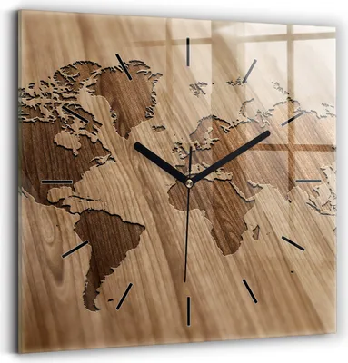 Produktbild von Wallfluent Wanduhr – Stilles Quarzuhrwerk - Uhr Dekoration Wohnzimmer Schlafzimmer Küche - Zifferblatt mit Striche - schwarze Zeiger - 30x30 cm - Weltkarte auf Holz