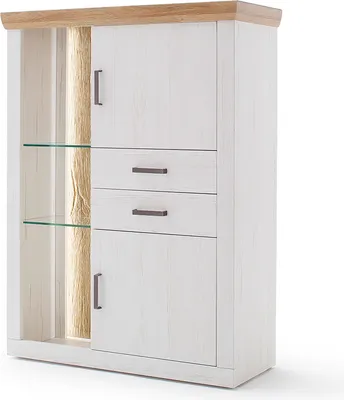 Produktbild von Highboard MARINGA-05 in Pinie weiß mit Eiche Nb. im Landhaus Stil, B/H/T ca. 106/142/40 cm