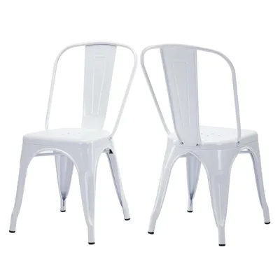 Two white metal chairs are shown against a white background.
