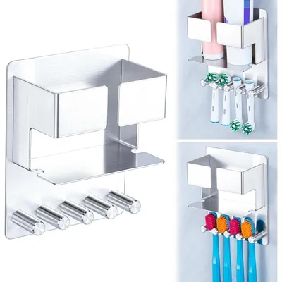 Image de Porte-brosses à dents en acier inoxydable SUS304, adhésif, pour salle de bain, avec 4 compartiments