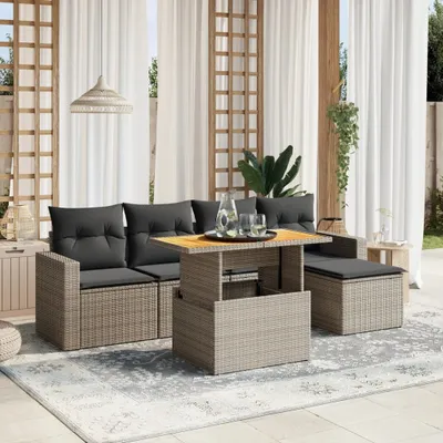 Produktbild von Design 6-tlg. Garten-Sofagarnitur mit Kissen Grau Poly Rattan, Gartenmöbel-Sets 2024 Neu