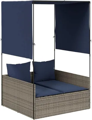 Produktbild von Doppel-Sonnenliege mit Dach und Vorhängen Grau, Polyrattan Gartenliege Doppelliege für 2 Personen, 2-Sitzer Sonneninsel mit Kissen für Garten Terrasse Balkon