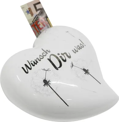 Immagine prodotto di Gilde Spardose, Herz, "Pusteblume", Pusteblumenmotiv, Spruch, Keramik, weiß, VE 6, L. 14 cm, B. 14 cm, H. 7 cm 56173 4001250561736