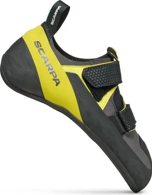 Kletterschuh "Arpia V" von Scarpa in Schwarz und Gelb mit Klettverschluss.