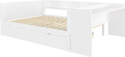 Obrázek produktu pro Dřevěná postel Sweiko 140x200cm, plochá postel s psacím stolem a lůžkem, manželská postel, bílá, bez matrace