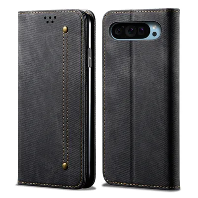 A black flip-style phone case for a Google Pixel 9 Pro XL is shown from two angles against a white background.