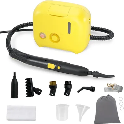 A yellow steam cleaner with its accessories laid out on a white background.