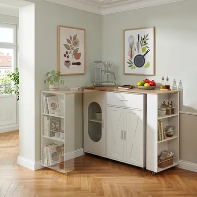 Immagine prodotto di Tavolino da bar allungabile «Kudebola» 115 x 40 x 94 cm con piano girevole e rotelle, effetto rovere/bianco