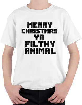 Produktbild von Merry Christmas Ya Filthy Animal Weihnachten Filmzitat Kultspruch Uni Kinder T-Shirt, Weiß, 128