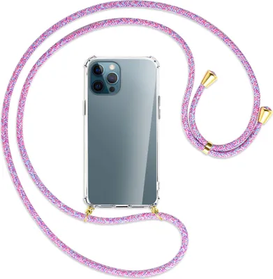 Produktbild von Handykette Backcover-Schutzhülle mit Band (Metall goldfarben) für Apple iPhone 12 Pro Max - lila/rosa/blau